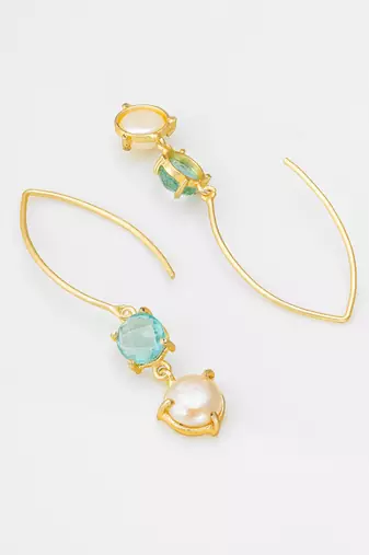 gold-plated hook drop earrings with aqua stone and pearl