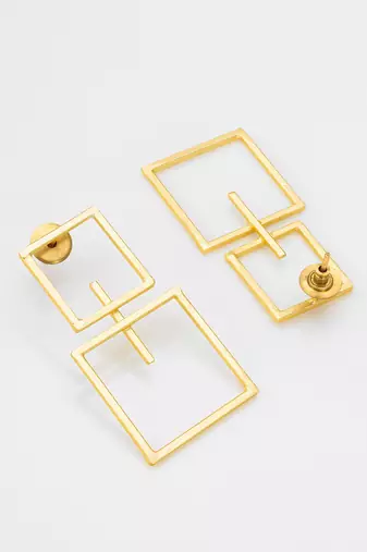 gold-plated double open square frame drop earrings