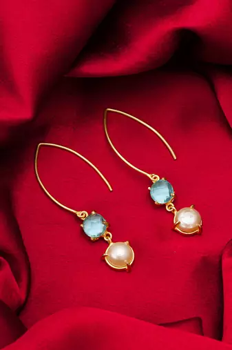 gold-plated hook drop earrings with aqua stone and pearl