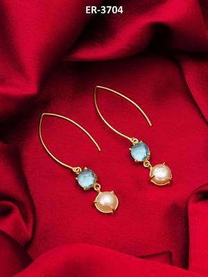 gold-plated hook drop earrings with aqua stone and pearl 1