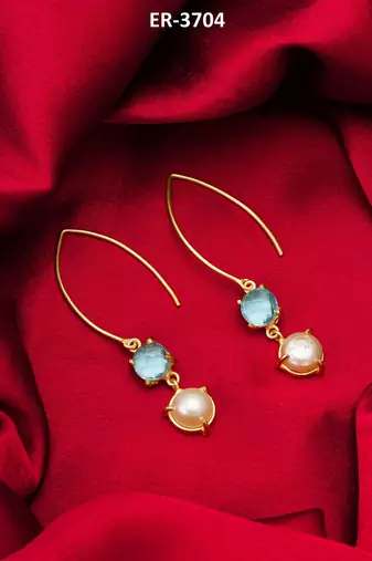 gold-plated hook drop earrings with aqua stone and pearl