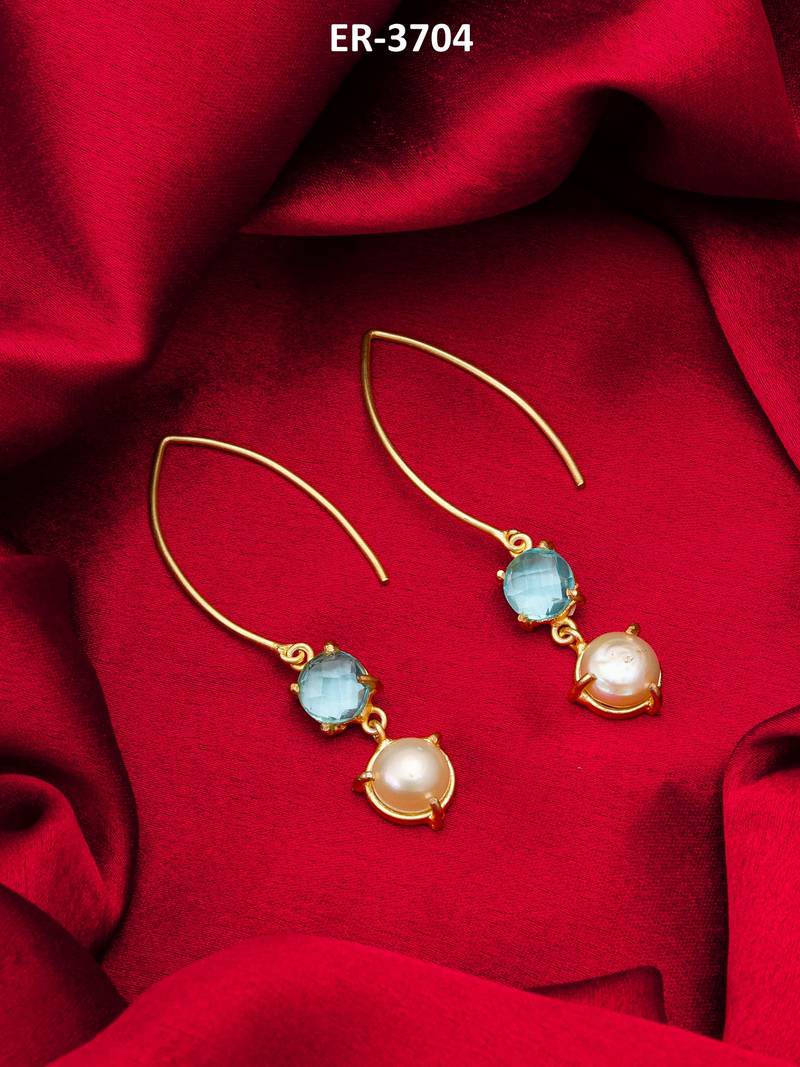 gold-plated hook drop earrings with aqua stone and pearl