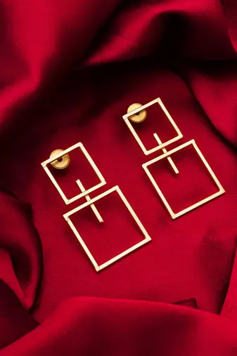 gold-plated double open square frame drop earrings