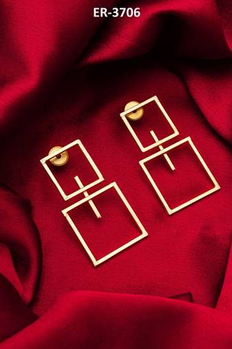 gold-plated double open square frame drop earrings