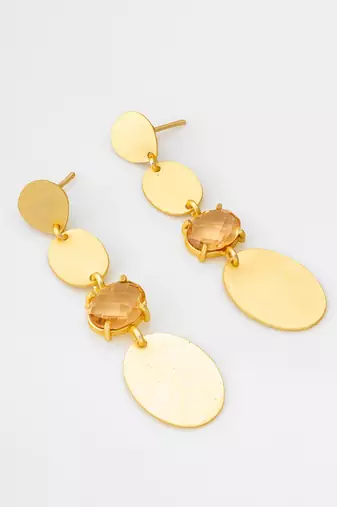 gold-plated multi-disc drop earrings with stone