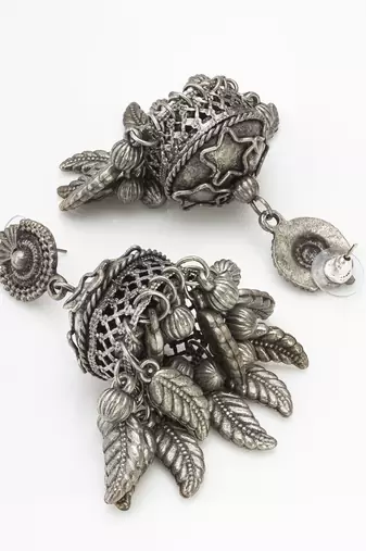 oxidized silver starburst leaf and ghungroo jhumka earrings