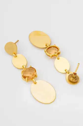 gold-plated multi-disc drop earrings with stone
