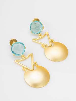 gold-plated drop earrings with aqua blue stone and disc pendant 2