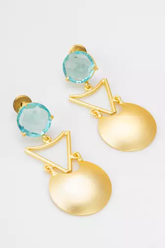 gold-plated drop earrings with aqua blue stone and disc pendant