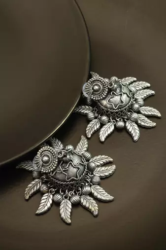 oxidized silver starburst leaf and ghungroo jhumka earrings