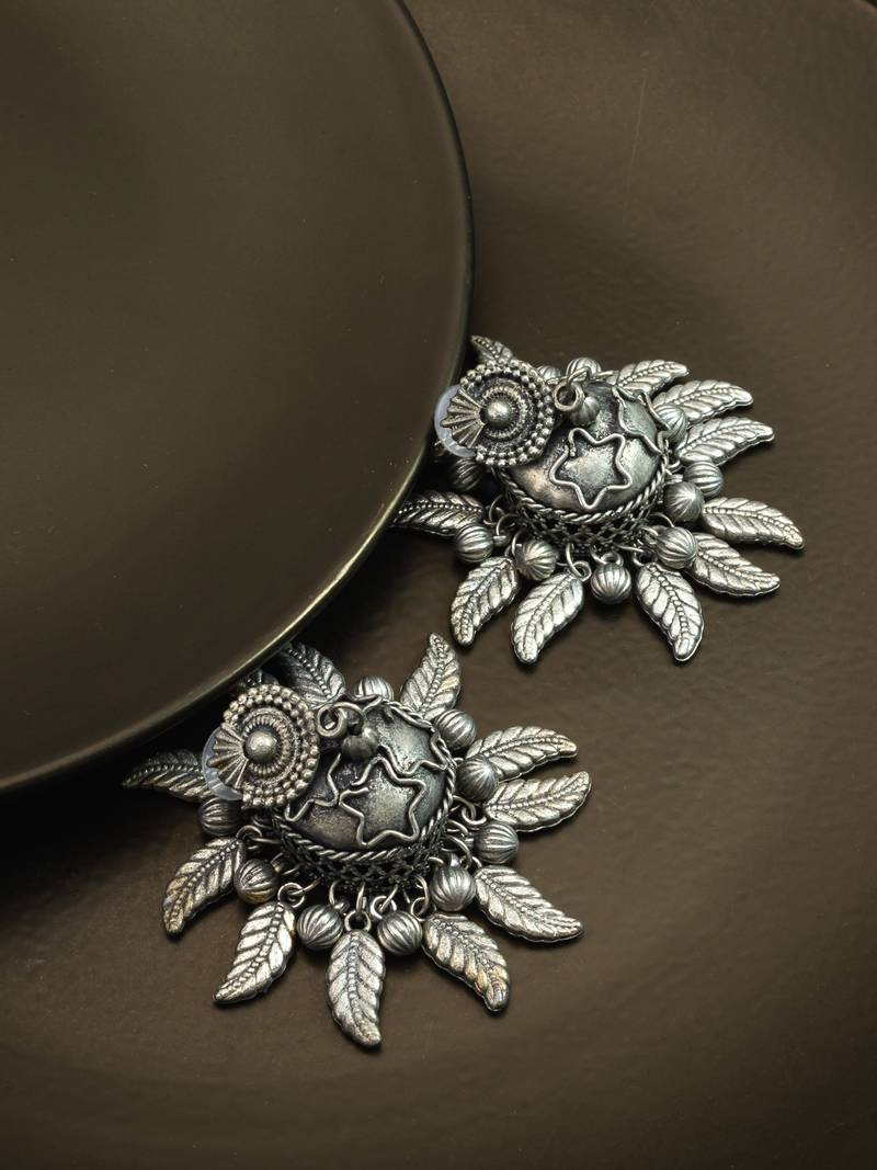 oxidized silver starburst leaf and ghungroo jhumka earrings