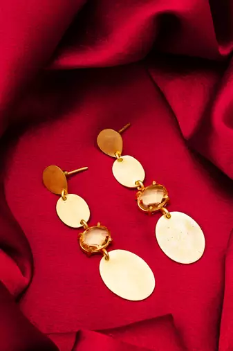 gold-plated multi-disc drop earrings with stone