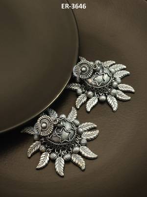 oxidized silver starburst leaf and ghungroo jhumka earrings 5