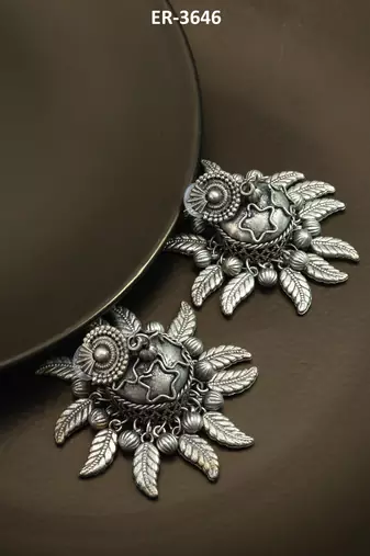 oxidized silver starburst leaf and ghungroo jhumka earrings