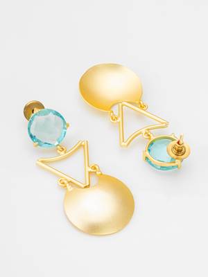 gold-plated drop earrings with aqua blue stone and disc pendant 3