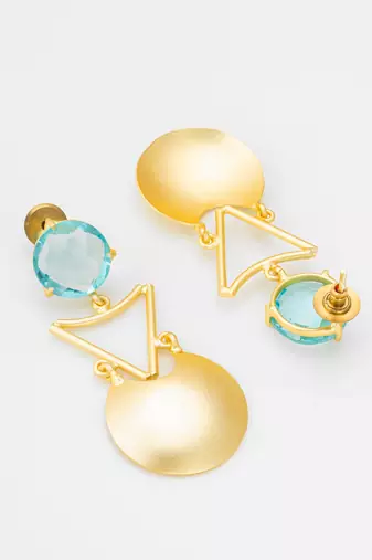 gold-plated drop earrings with aqua blue stone and disc pendant
