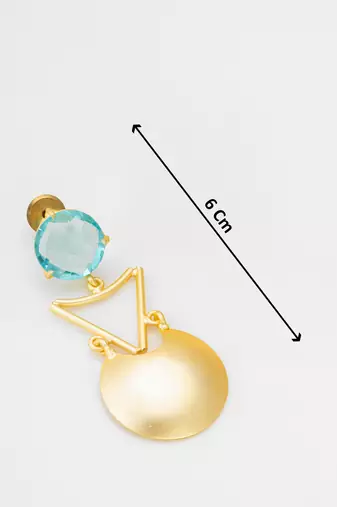 gold-plated drop earrings with aqua blue stone and disc pendant