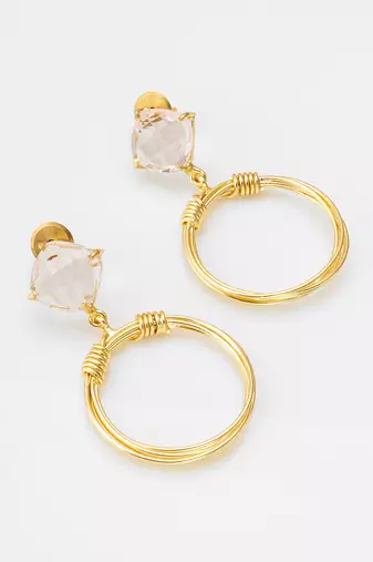 gold-plated hoop drop earrings with stone stud top