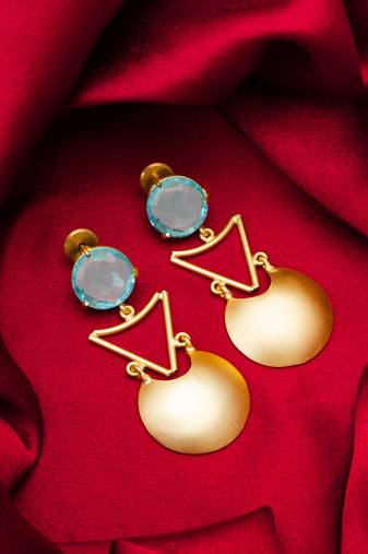 gold-plated drop earrings with aqua blue stone and disc pendant
