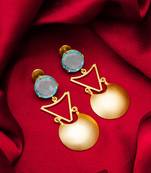 gold-plated drop earrings with aqua blue stone and disc pendant