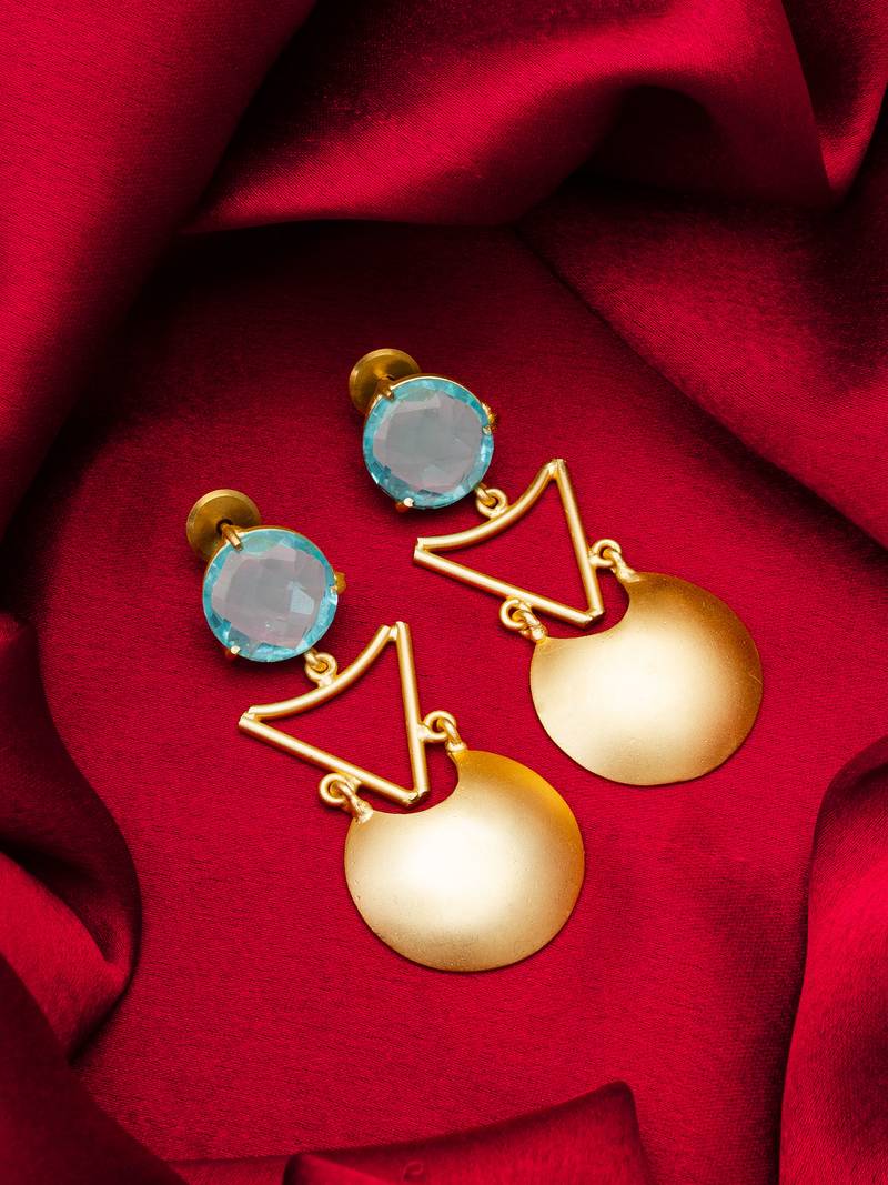 gold-plated drop earrings with aqua blue stone and disc pendant
