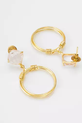 gold-plated hoop drop earrings with stone stud top