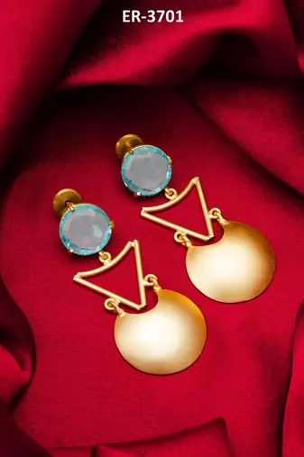 gold-plated drop earrings with aqua blue stone and disc pendant