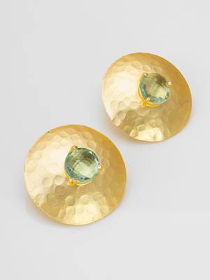 gold-plated hammered disc stud earrings with aqua green stone 2