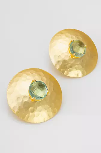gold-plated hammered disc stud earrings with aqua green stone