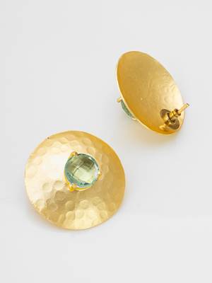 gold-plated hammered disc stud earrings with aqua green stone 3