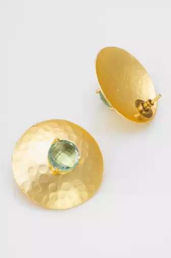 gold-plated hammered disc stud earrings with aqua green stone