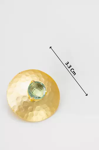gold-plated hammered disc stud earrings with aqua green stone