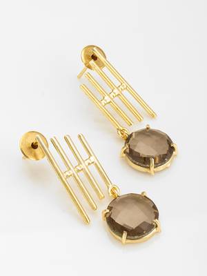gold-plated drop earrings with round smoky stone pendant 2