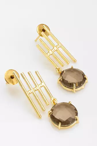 gold-plated drop earrings with round smoky stone pendant