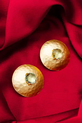 gold-plated hammered disc stud earrings with aqua green stone