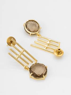 gold-plated drop earrings with round smoky stone pendant 3