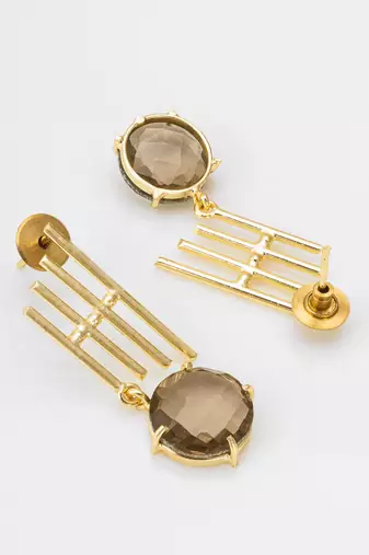 gold-plated drop earrings with round smoky stone pendant