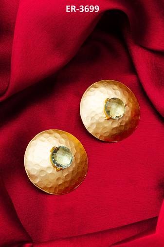 gold-plated hammered disc stud earrings with aqua green stone