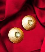 gold-plated hammered disc stud earrings with aqua green stone
