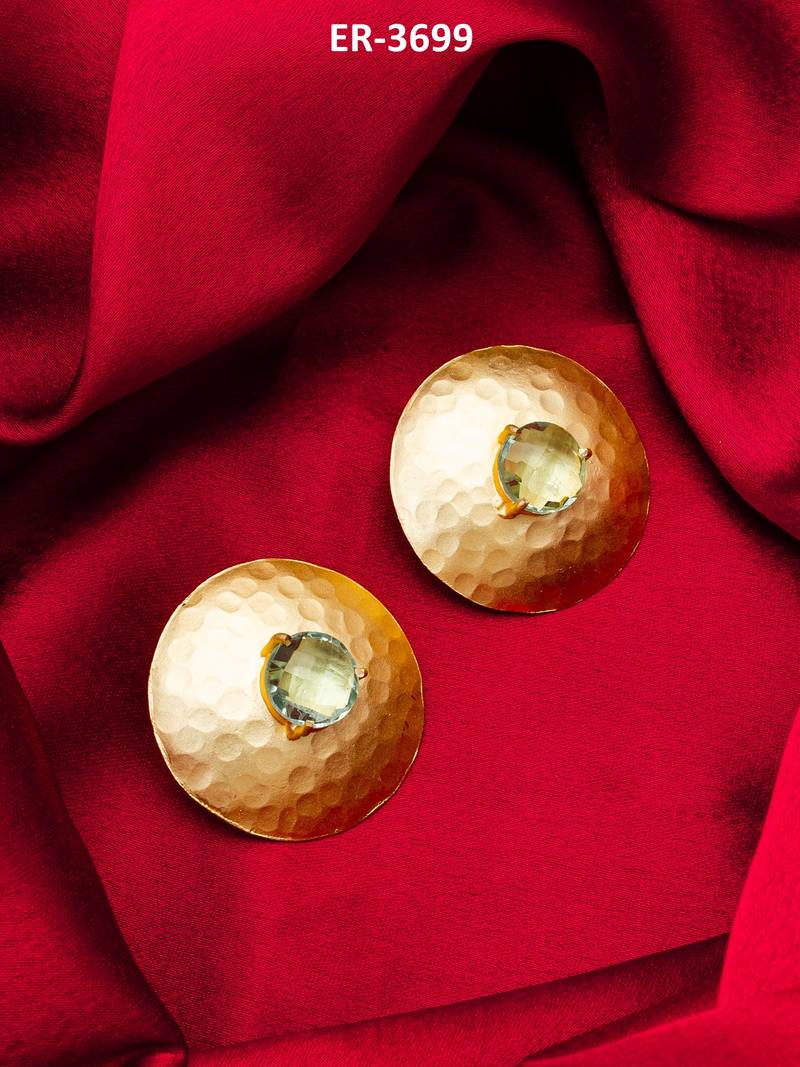 gold-plated hammered disc stud earrings with aqua green stone