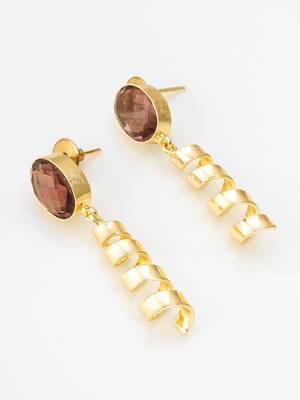 gold-plated spiral coil drop earrings with oval stone stud top 2