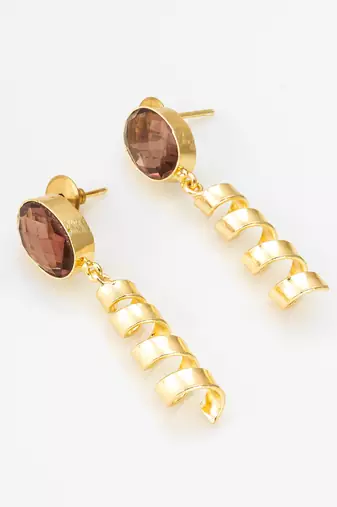 gold-plated spiral coil drop earrings with oval stone stud top