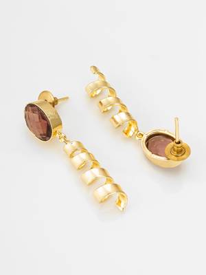 gold-plated spiral coil drop earrings with oval stone stud top 3