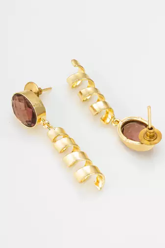 gold-plated spiral coil drop earrings with oval stone stud top