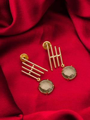 gold-plated drop earrings with round smoky stone pendant 5