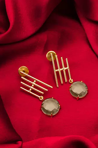 gold-plated drop earrings with round smoky stone pendant