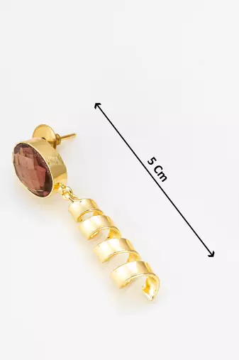 gold-plated spiral coil drop earrings with oval stone stud top