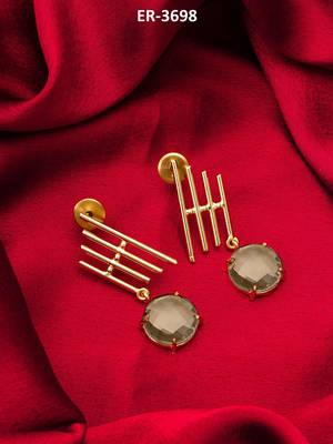 gold-plated drop earrings with round smoky stone pendant 1