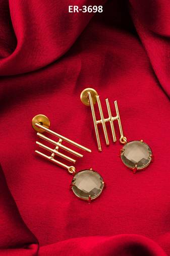 gold-plated drop earrings with round smoky stone pendant