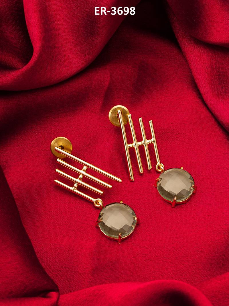 gold-plated drop earrings with round smoky stone pendant